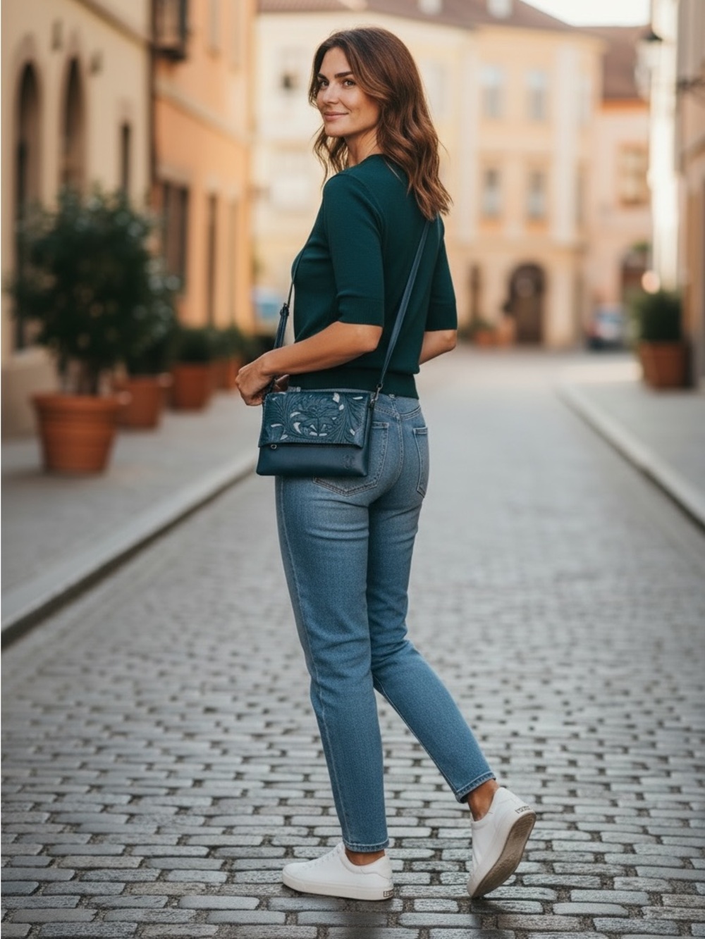 Patricia Nash Teal Floral Tooled Leather Crossbody Bag, missing zipper pull. - Picture 9 of 11